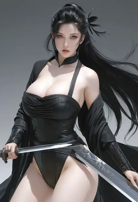 Black hair and white skin woman,  Longsword ，artwork in the style of Gu Weiss, Gu Weiss, the style of Wallop, ross tran and Wallop, Inspired by Wallop, 夏娃肚皮, in style of Wallop, Wallop and ross tran,  Pan Chengweis , best on Wallop, Wallop | Black hair and...