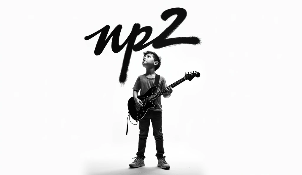 In the center of the image behind the white boy, full body, looking up with an electric guitar, a white background with a name above, Gratiti style, with black letters that say NP2. 