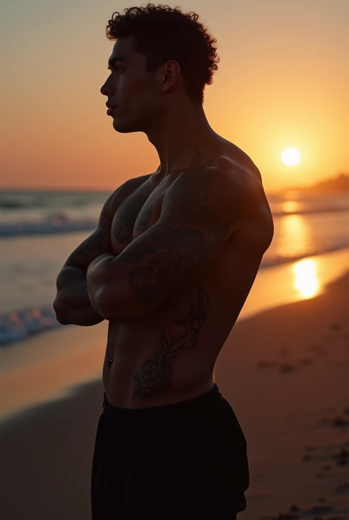 8k image shilouette of a mulatto teen male hazel eyes big lips chubby cheeks black curly hair muscular tattoos standing on a beach looking at the sunset 
