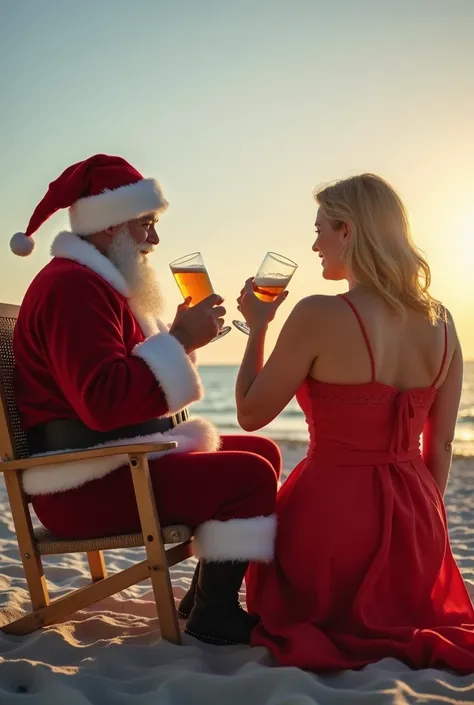 Santa Claus and Mommy Noel sex drinking beer on the beach sitting in the chair looking forward