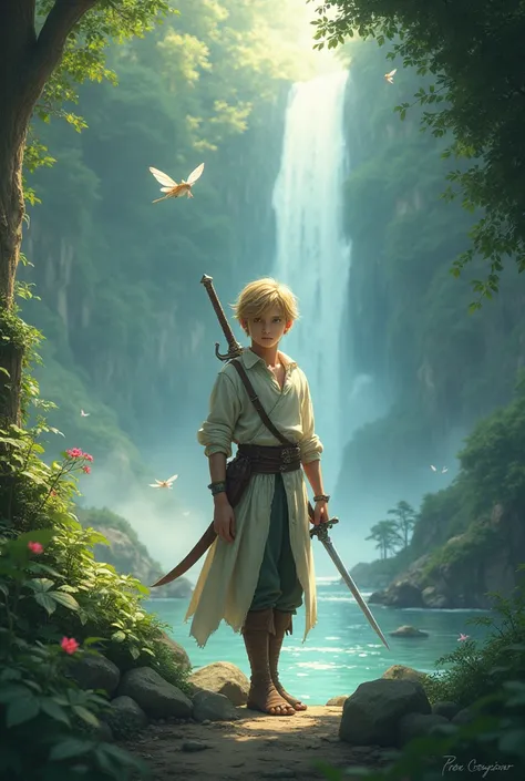 Realistic photo of impossibly cute male and impossible landscape. Tan good looking skinny cute puny looking 18yo boy with short blonde hair holding a sword. Magical Fantasy forest setting with magical creatures such as tiny fairys and sprites and a magical...