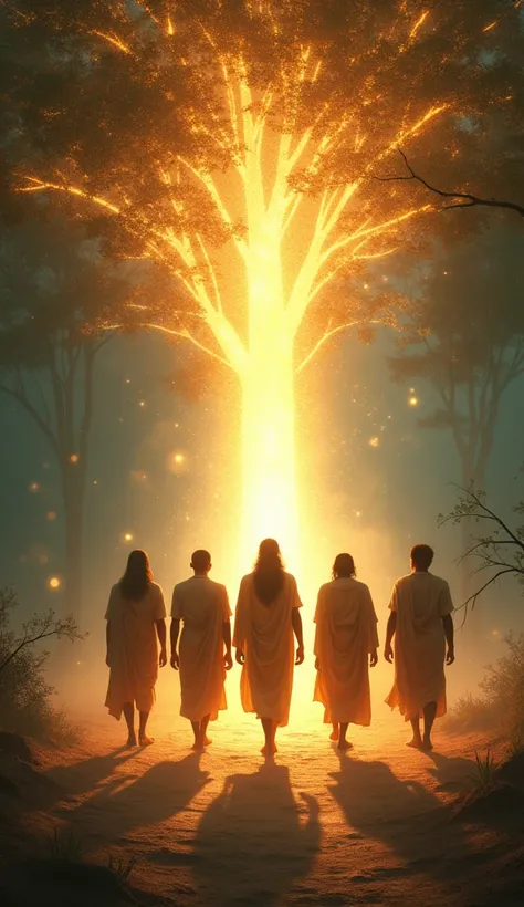 A symbolic depiction of truth, patience, and wisdom—perhaps represented by a glowing path or tree, signifying enlightenment, with Yudhishthira walking away with his brothers, all alive and united.