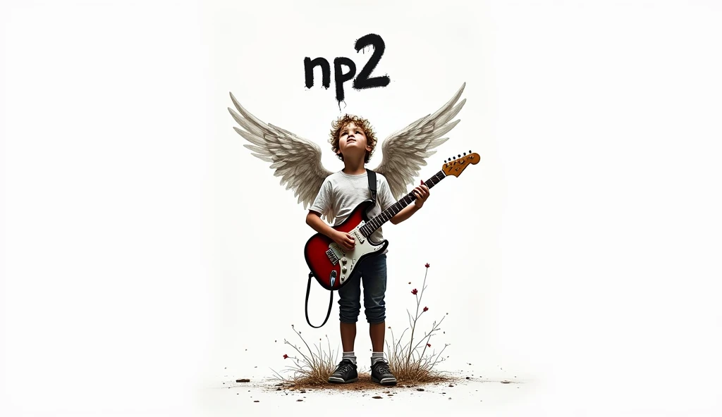 In the center of the image behind the white boy, full body, looking up with an electric guitar in his hands, a white background with a name above, Gratiti style, with some black letters that say NP2. 