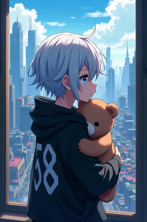 An anime boy with blue eyes, white hair, a black hoodie with the word 588 written on it and holding a teddy bear. and look at the city from the window