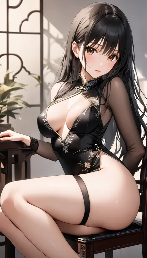  top quality、  Unity 8K Wallpaper 、32K、masterpiece、  super high resolution 、  very detailed face、  RAW photos 、 perfect style、Ultra-detailed painting、(Beautiful breasts、Slightly Smaller Breasts :1.3)、 Female 1 person 、Shiny Long China Dress ,  Shiny Silk F...