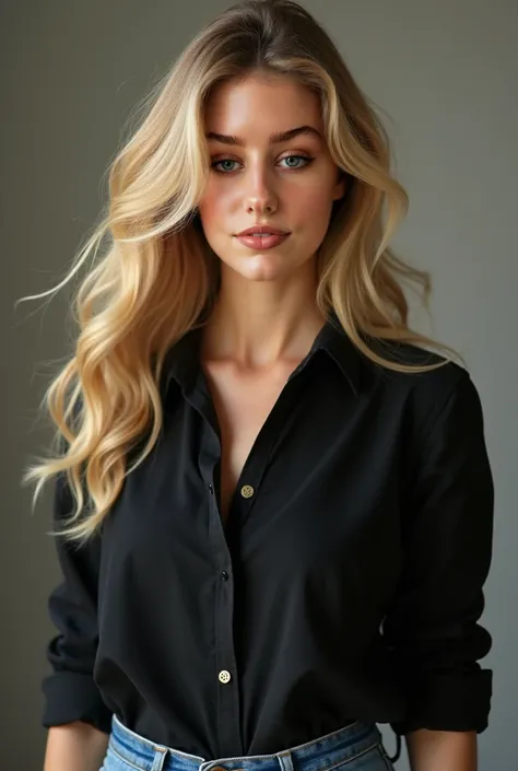  Create an image of a blonde woman with undulating hair, American with jeans and black blouse , 