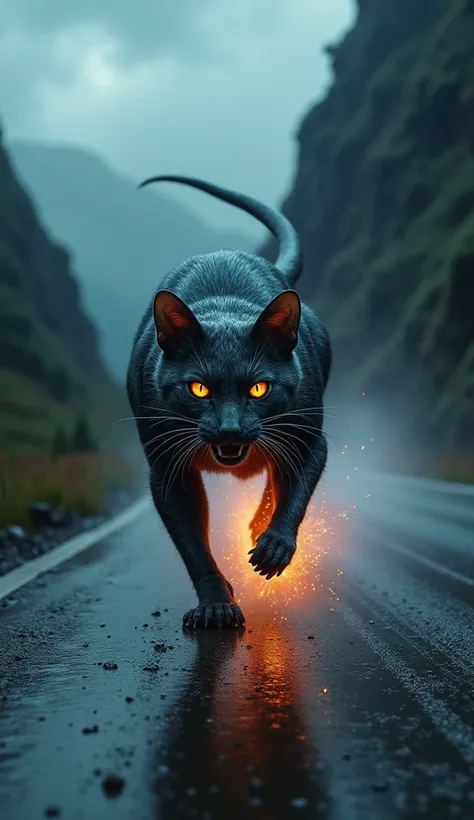 
“A Sleek, Angry rat fused with a cat , speeding down a wet mountain at night. The Angry cat body is a blend of rat. The road reflects the light from the cat-rat hybrid, and the background features a dark, stormy sky with Blacks glowing