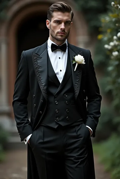 Create me a very elegant and cute wedding suit for men in black and white in half Gothic style 