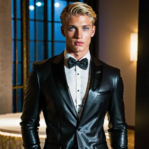 A 20-year-old handsome, masculine, muscular sexy european prince in wet tuxedo serving face. He has blond hair, short haircut, allure blue eyes, pale complexion, heart-shaped lips, six-pack abs; V-shaped body, very small waist, large chest. His hands are c...