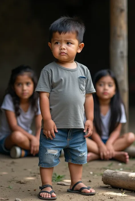 Photo of a ten-year-old white-skinned Venezuelan boy wearing denim shorts and gray t-shirt with a sad and melancholy face and in the background of three Venezuelan sisters between the ages of ten and eighteen sitting on the ground with some logs 