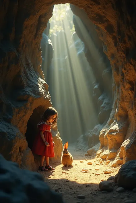 In a floodlit cave, a girl found two rabbits under a rock looking at the rabbits