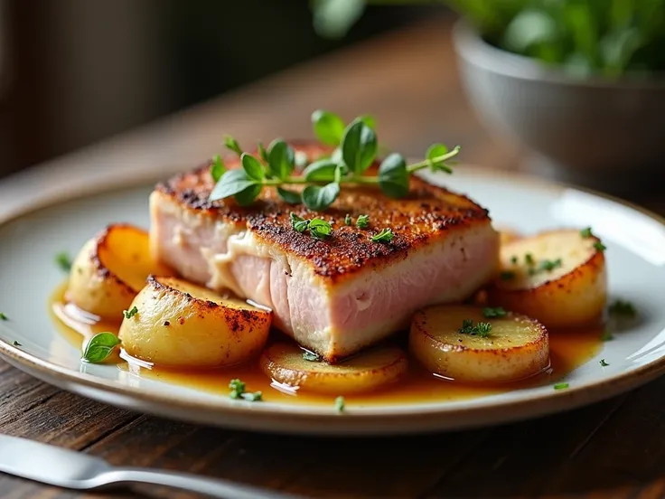 Baked tuna accompanied with roasted potatoes