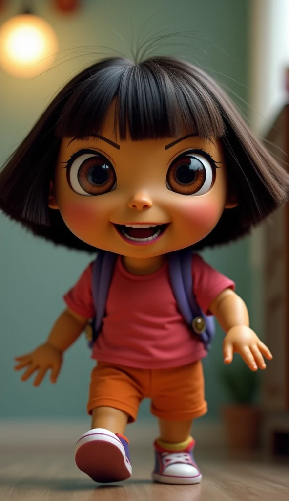 An uncanny, unsettling close-up photo of Dora the Explorer taken from an extreme low-angle, as if the camera is positioned near her feet, forcing her to look down directly into the lens. Her face and body are exaggeratedly adult-like, with a strange mix of...