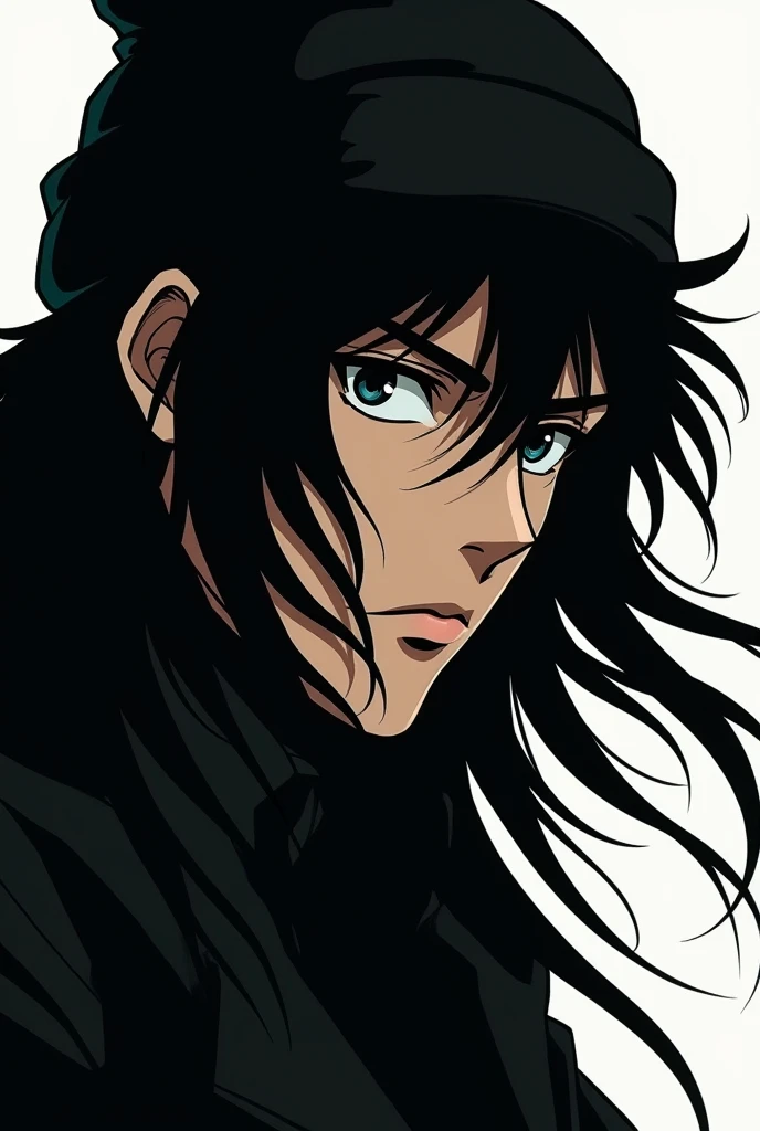 man, long hair, beanie, anime, black and white, 80s japanese anime