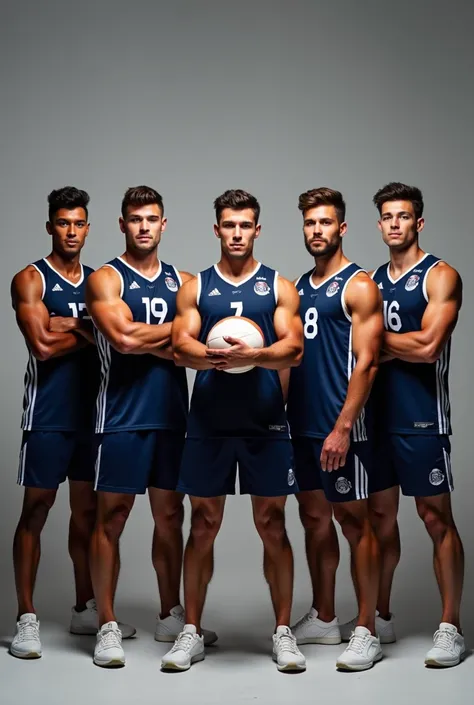 Five Handsome American Samoa Guys, Athlete Volleyball Player, Photoshoot, at grey studio, holding a Volley Ball, background, ultra hd, detailed face, detailed skin, detailed hair, highly detailed, wear navy and white official jersey, Standing Full Body