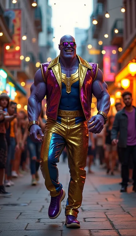 Create a vibrant and lively street scene featuring Thanos from Marvel in a unique and humorous role as a dancer. He is wearing a flashy, colorful dancers outfit: a sequined jacket with a metallic sheen, matching trousers, and stylish dance shoes. He also s...