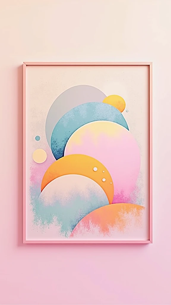 Abstract composition of overlapping, rounded shapes in various pastel colors.  Circular forms of  yellow, orange, pink, teal, light beige, and faded green are grouped and layered against a muted teal-gray background. The shapes have soft, blurred edges, cr...