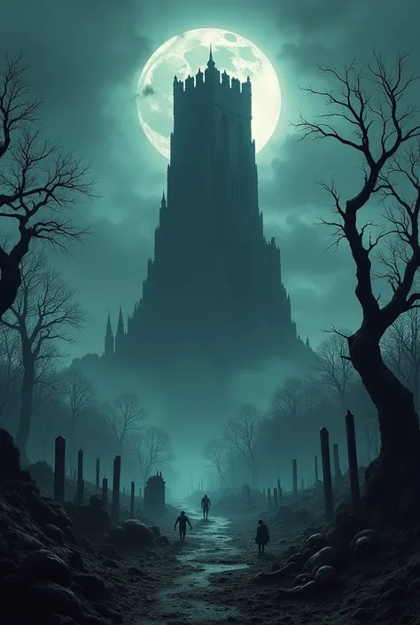 A colossal dark tower looming over a desolate landscape, surrounded by eerie fog, with a town in ruins known as the Town of the Dead. In the foreground, a graveyard filled with monstrous creatures and skeletal remains under a haunting moonlight. The atmosp...