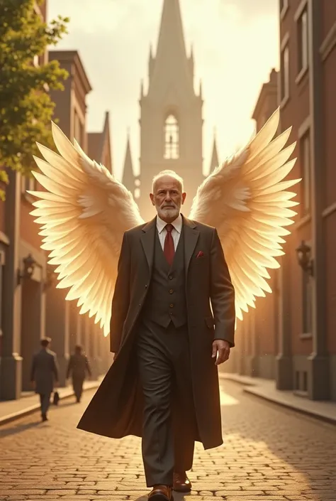 An image of a man walking to church with his angel.