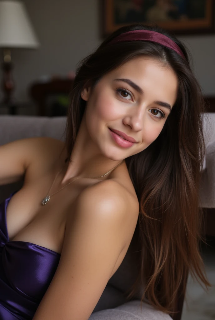 ultra Realistic upper body of a beautiful young brunette German woman with long hair, headband, Necklace, smile. Beautiful legs and high heels , She lay in the livingroom, She wears a knee lengh metallic bluepurple satin slip-dress with straps, Living room...