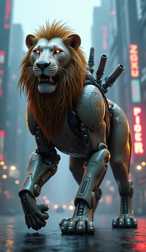 Imagine a futuristic hybrid creature with the body of a lion but the mechanical enhancements of advanced robotics. Its muscular limbs are partly organic and partly made of gleaming, high-tech alloys, with visible gears and hydraulics. The head retains the ...