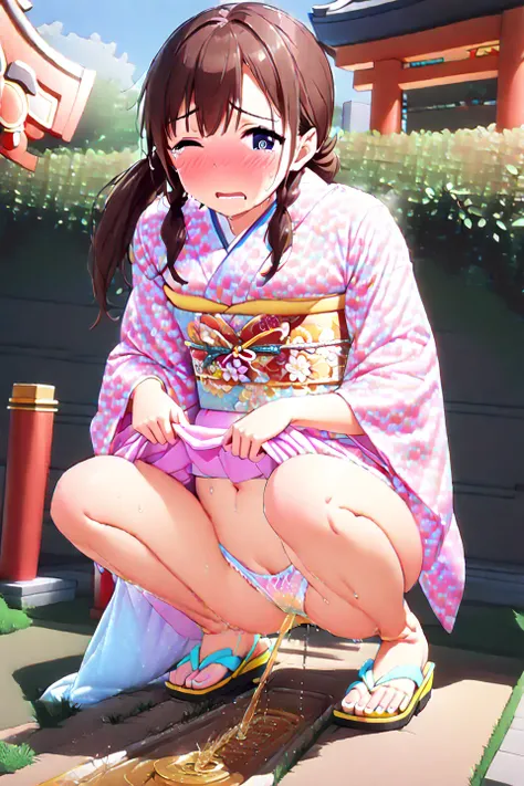 NSFW, (masterpiece, top quality, best quality, highly detailed:2),(anime:1.2), (anatomically correct:2),(full body:1.7), (leaning forward:1.7),(Peeing Woman, solo:2),(Woman peeing while wearing panties:2), (Pastel Colors kimono, Maxi Length:2),(outdoor, Sh...