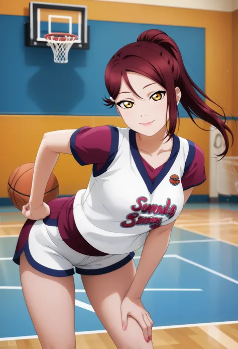 masterpiece, best quality,realistic anime art, solo, wearing basketball clothes,large breasts ,dark red hair ,short sleeves, thighs,yellow eyes , sakurauchi riko love live , standing , looking at viewer,(lipstick:0.7),closed mouth, ponytail,half closed eye...