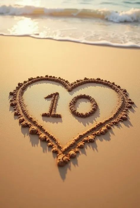 Create a heart in the sand of the beach ,  with Munero 10 drawn inside. 