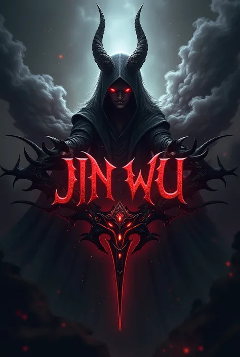 a gaming type logo with a dark lord, with the name JIN WU in it