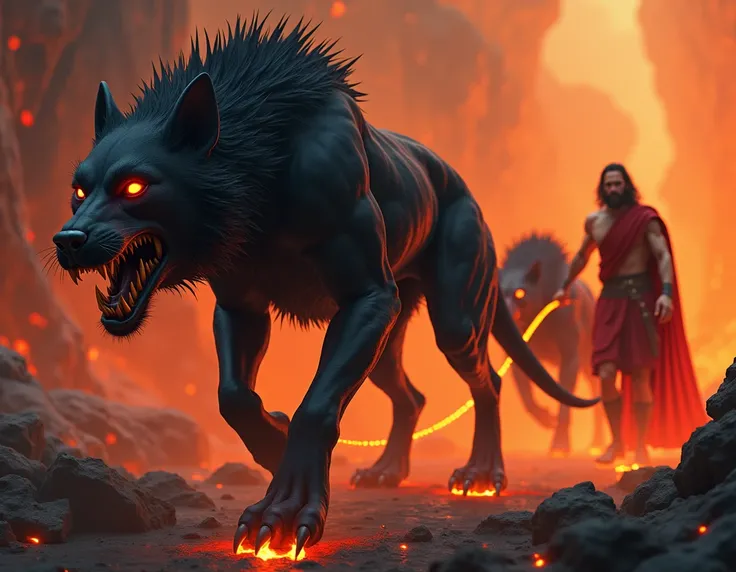 "A close-up shot of Cerberus, the enormous three-headed dog, walking obediently behind Hercules. Each of the three heads is vividly detailed: the central head looks forward with glowing red eyes softened in submission, while the two flanking heads glance c...