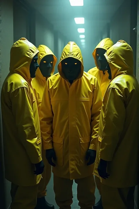  Imagine a horror scene where several men in yellow coats with faces covered by masks, gathered planning an alleged invasion .