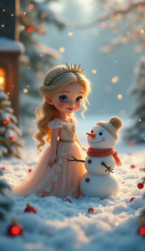 A princess who looks like a little cute character and a very cute snowman、 glitter、Music Box、 real、 Christmas season