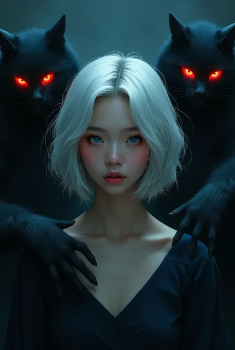  Create a cover for a book,  showing a dark room ,  and a young woman with Asian features ,  beautiful and with a mesmerizing look ,  semi-short white hair in several capacities , Clear blue eyes like the sky in the environment surrounding the girl there a...