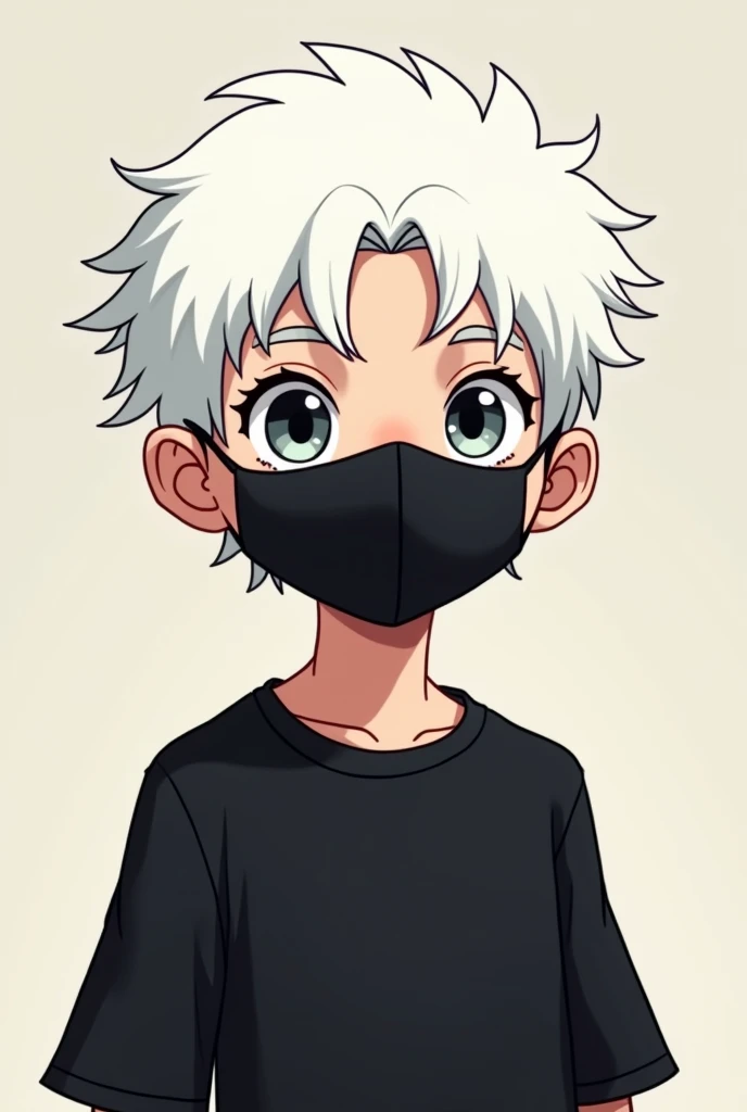 male、petite、white hair、 Black Mask、 Black Shirt 、cartoon、