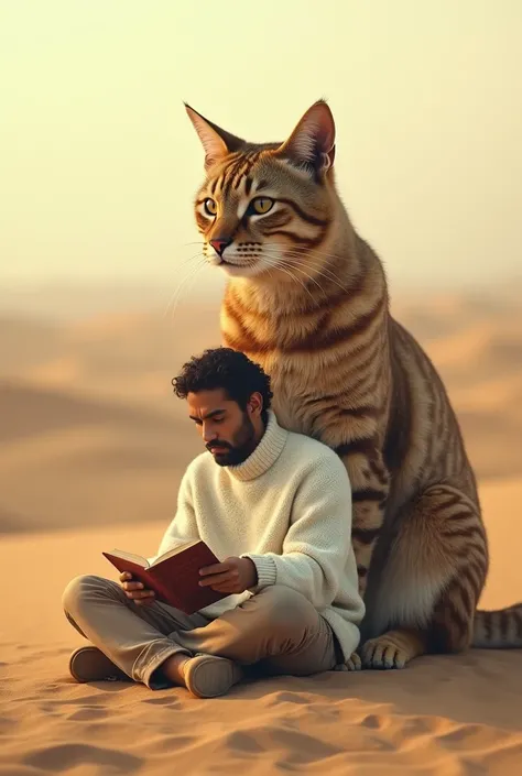 a photo of a white pake switer man reading  ,NOBEK  , alongside a giant cat is walking metatape towards the front of the desert desert background.. 