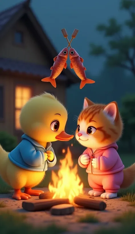  A cute duckling color yellow color His mouth is wide orange color wears pajamas of blue color, sitting together with cute kittens of orange color white front , wearing pink pajamas , they are facing each other and between ducks and cats there is a bonfire...