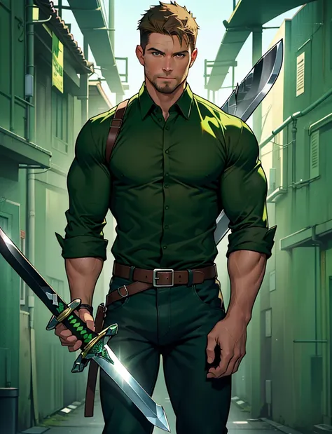 1 man, male focus solo,45 yo man,Stephen AMELL as green arrow,  lean muscle, ((open dark green shirt, dark green jeans with brown belt)) ,(( big bulge)), full body shot, dark blond short hair, well groomed facial hair, (((holding a sword with one hand))), ...