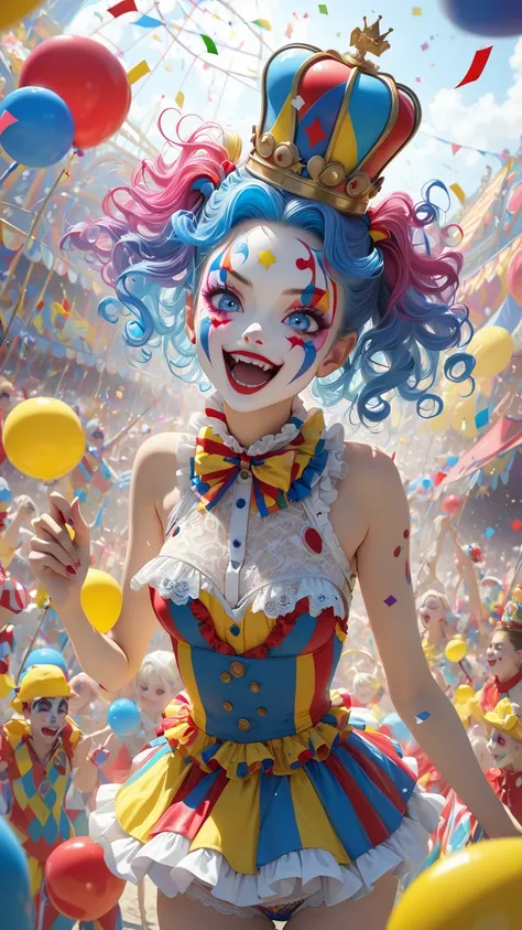            high definition      , masterpiece,    解剖学的にAccurate  , Accurate,  top quality,            high definition      model,       high detail,     in a flashy clown costume    、   1 Cute Clown Girl with 7 colored hair and a very detailed tight, flash...