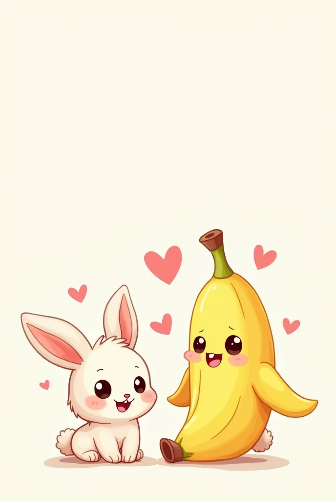  drawing of a cute and adorable bunny,  small , on the side,  a happy and adorable animated banana , May everything be adorable ,  as if it were for ren , That it has hearts around it
