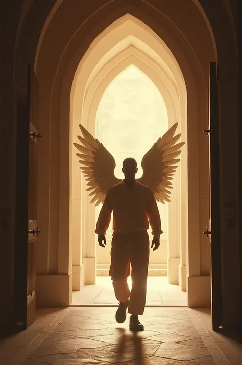 An image of a man walking into a church with his angel behind him.