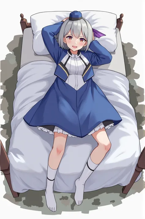 Fraction_9,Fraction_8_up,Fraction_7_up, ridiculous results, 1 Girl, White_background,  high resolution,  blue_jacket, Long sleeve，  unique , Furina_（genshin_impact），hat,  unique , HD， best quality，Skin of color，whole body，whole body， lying in bed in the ru...