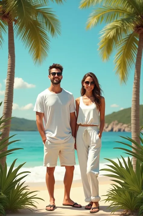  A man and a woman ,  they both wear pants and white clothes , next to palm trees and coconuts ,  with the logo of a clothing store called Tee-Vibes