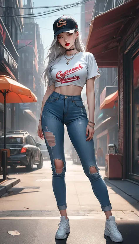 Ultra high quality，8K，Girls do not show their breasts，High cold wind，mouth mask，red lip，The head proportions are perfect，silverlong hair，With baseball cap，Letter T-shirt，Denim pants，Swan neck，brimming with sunshine，necklace of diamonds，The body is well-pro...