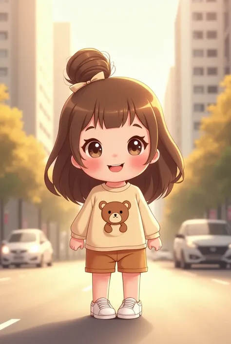 Create an illustration of a  character with an adorable appearance and cheerful expression. This character has the following characteristics: - Around 3-, round face with chubby cheeks, big sparkling eyes, and a sweet, sincere smile. - Long soft brown hair...