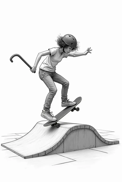 A blind skateboarder of average height 
Are you a skateboarder using a guide cane for the blind 
The skater will be with her skateboard under her feet performing an aerial maneuver on a mini ramp skate ramp 
Oh, the skateboarder will have short hair curled...