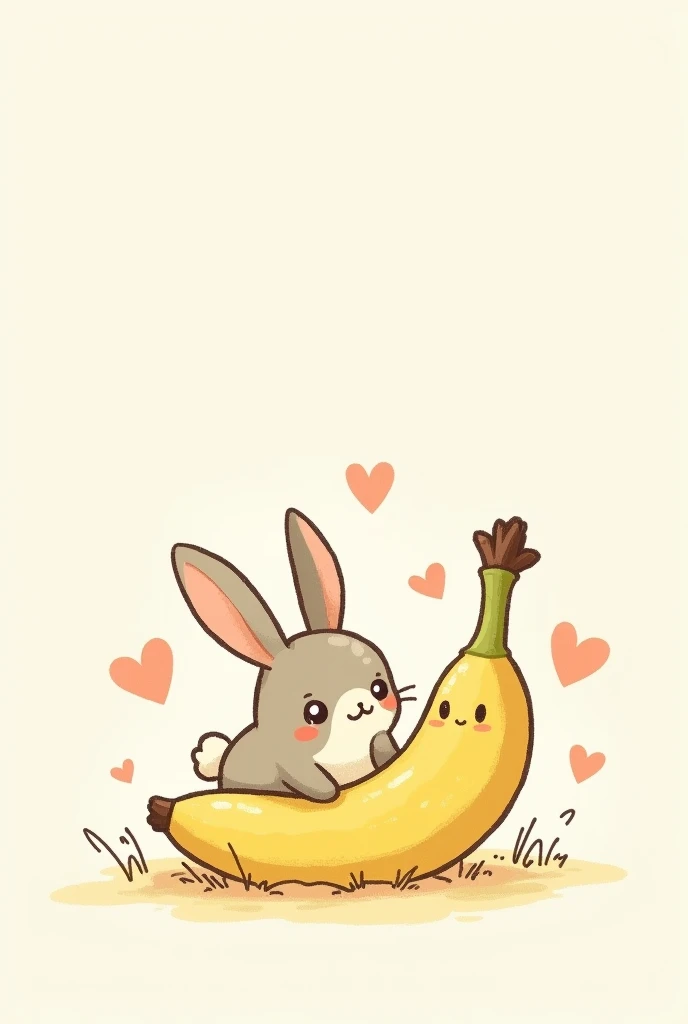  drawing of a cute and adorable bunny,  small , on the side,  a happy and adorable animated banana , May everything be adorable ,  as if it were for ren , That it has hearts around it, That your drawing style is delicate
