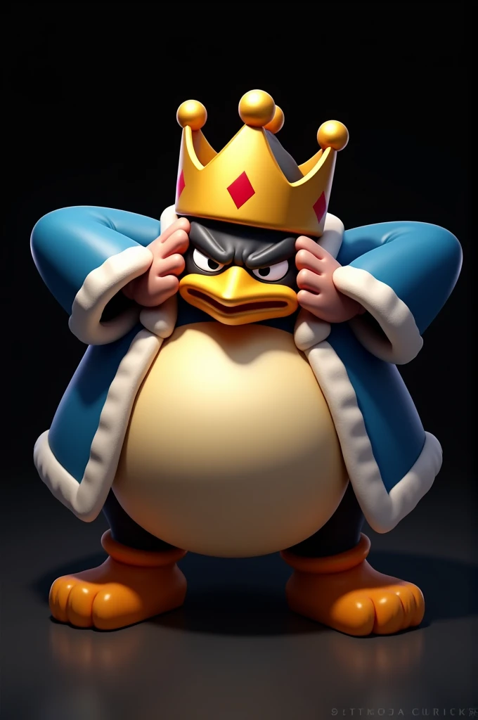 To King Dedede .  with hands on head,  with his eyes closed and with a frustrated face. With black background 