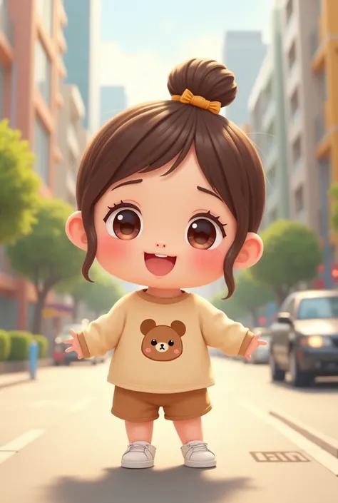 Korean  with adorable looks and cheerful expression. This character has the following characteristics: - Around 3-, round face with chubby cheeks, big sparkling eyes, and a sweet, sincere smile. - Long soft brown hair, tied up in a simple bun with a small ...