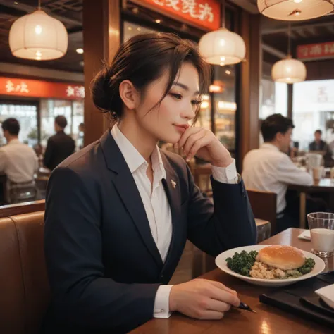  Japanese　 businessman in a cafe　front　suit　The background is the city