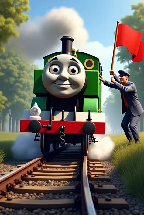 A train driver waves the red flag, but even so, Percy, the grey-faced green train, was unable to brake and passed it.!